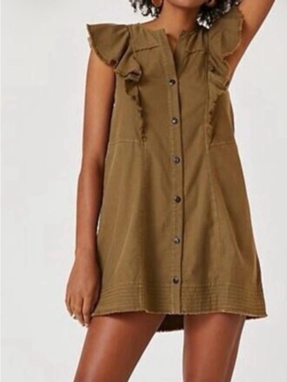 Pilcro Button-Front Ruffle Mini Dress in Olive-Tan